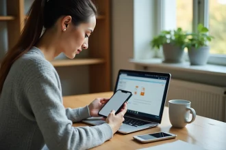 Femme utilisant un smartphone et un ordinateur portable pour accéder aux fichiers supprimés via une interface de récupération de données