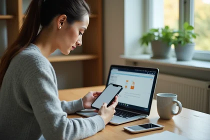 Femme utilisant un smartphone et un ordinateur portable pour accéder aux fichiers supprimés via une interface de récupération de données