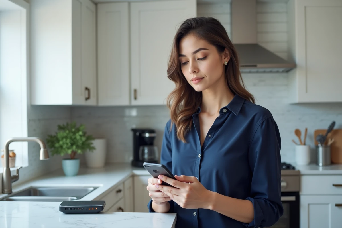 Femme accédant à l'interface d'administration de sa box internet via un smartphone dans une cuisine moderne