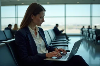 Femme professionnelle consultant son webmail dsden19 sur un ordinateur portable dans un salon d'aéroport pendant un déplacement