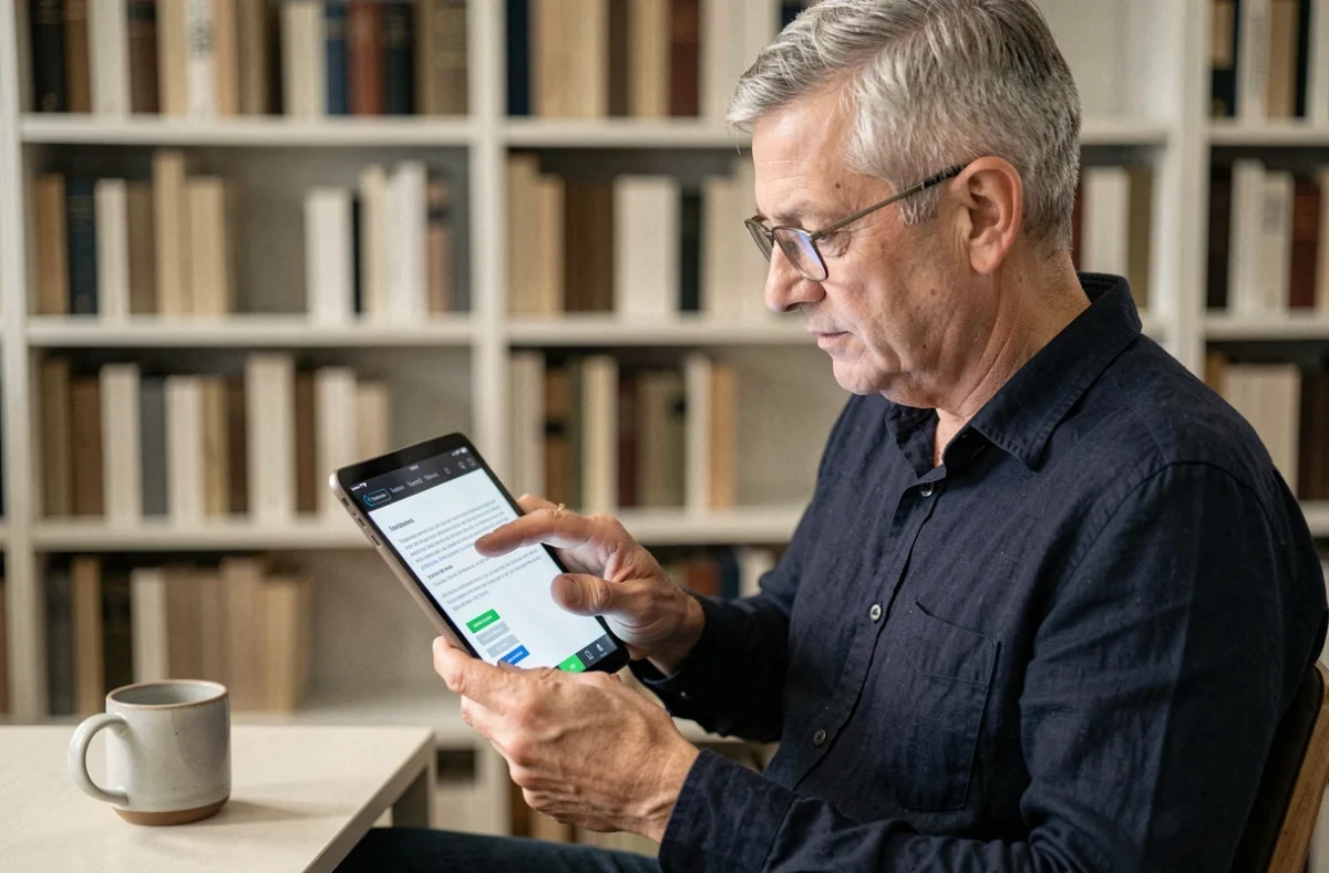 Homme senior utilisant les paramètres d'accessibilité et de taille de texte sur une tablette dans une bibliothèque