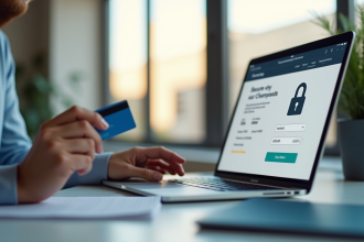 Personne effectuant un achat en ligne sur un ordinateur portable avec une carte bancaire et un site sécurisé