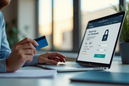 Personne effectuant un achat en ligne sur un ordinateur portable avec une carte bancaire et un site sécurisé