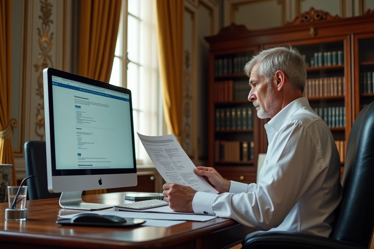 Administrateur en chemise blanche configurant les paramètres de sécurité email dans un bureau classique de style haussmannien à Versailles