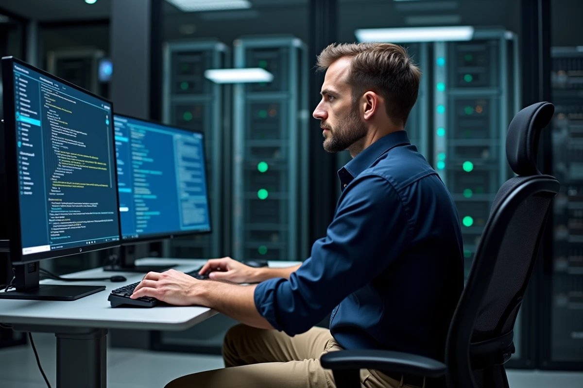 Administrateur IT en configuration DNS sur grand écran