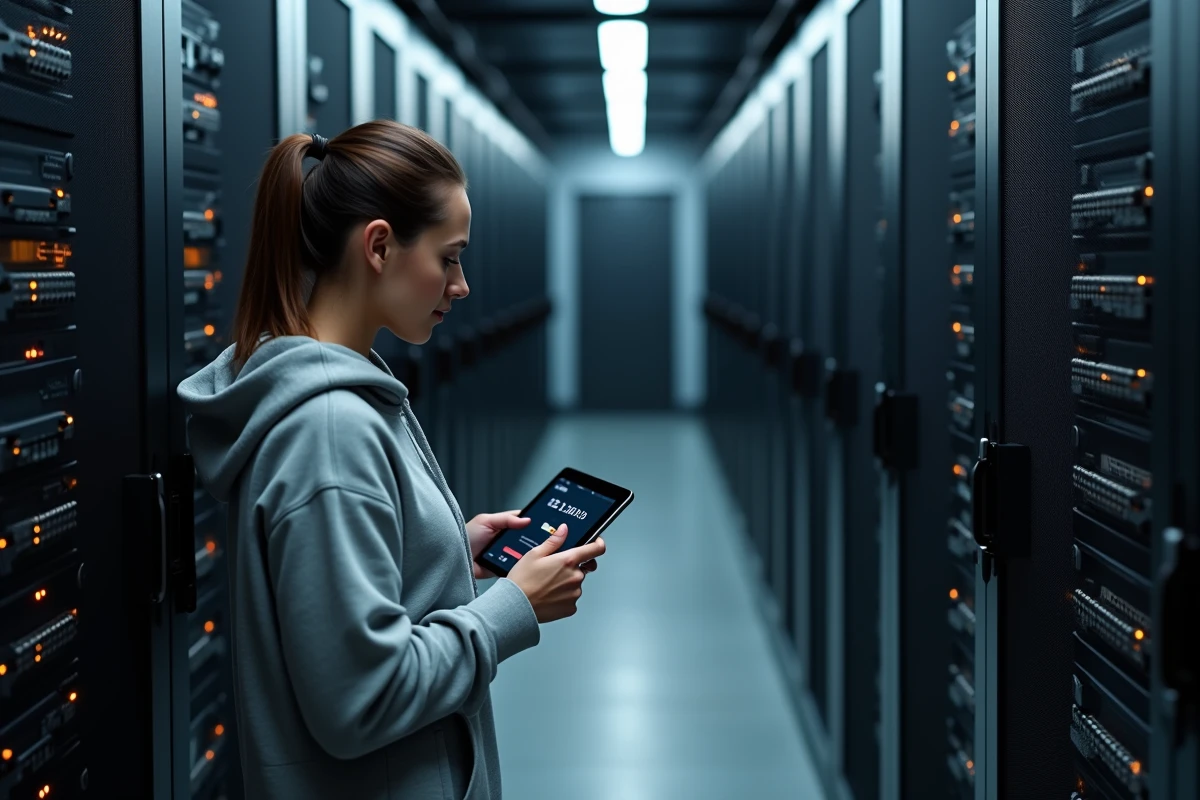 Administratrice réseau consultant une erreur de connexion sur une adresse IP locale dans une salle serveur