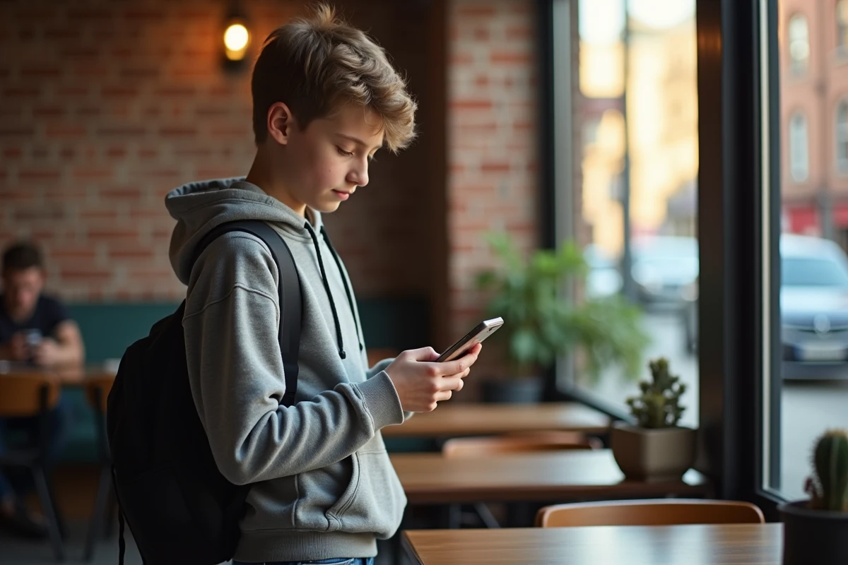 Adolescent dans un caf&eacute; regardant discr&egrave;tement son t&eacute;l&eacute;phone