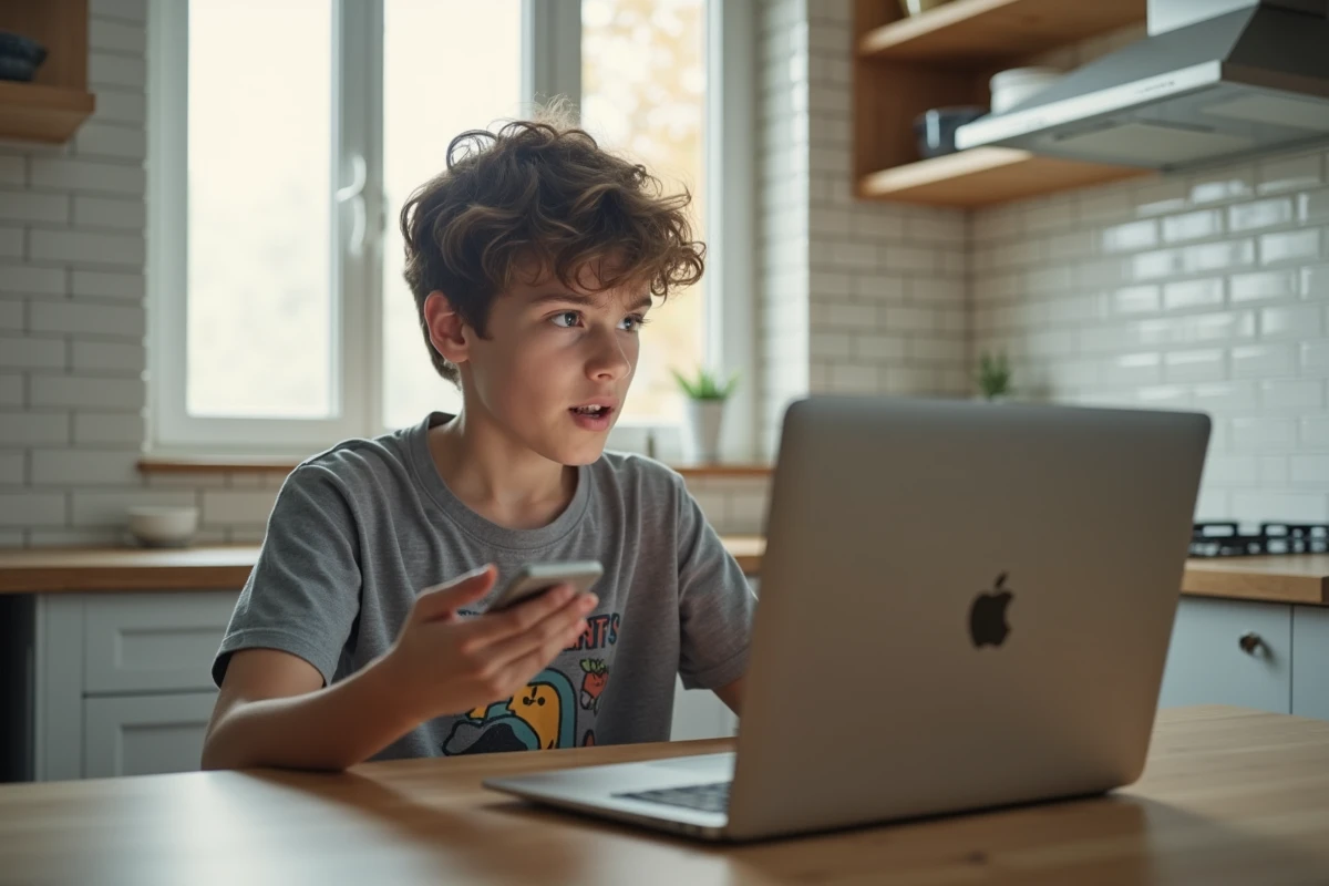 Adolescent de la génération Z réagissant à un article d'Infonovateur sur ordinateur portable dans une cuisine moderne