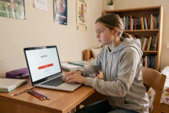 Adolescente frustrée devant un écran de connexion avec mot de passe oublié sur un portail scolaire en ligne