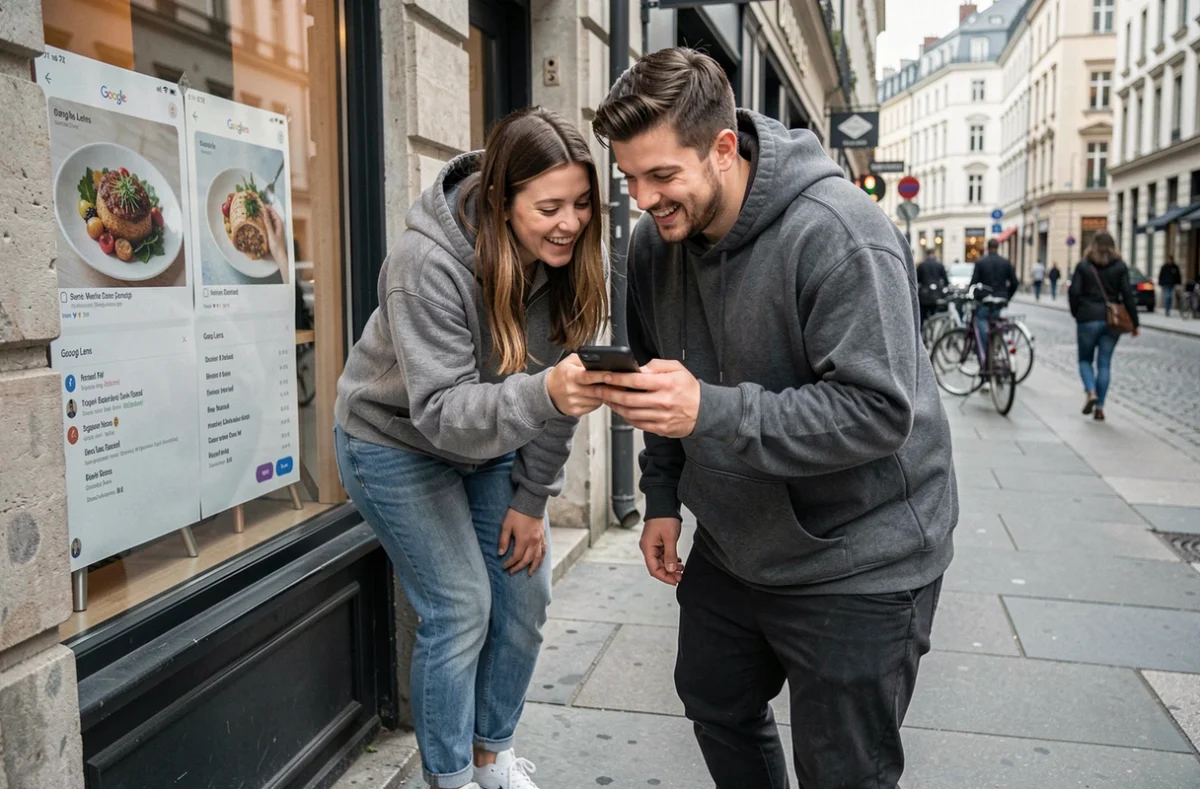 Deux amis utilisant Google Lens pour identifier un plat de restaurant depuis la vitrine d'un café en ville