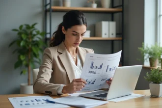 Femme analyste examinant les coûts et la rentabilité d'un outil d'intelligence artificielle sur ordinateur portable