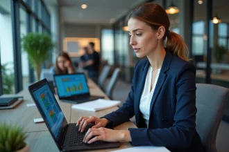 Femme analyste utilisant Excel pour calculer des pourcentages de ventes sur un ordinateur portable en open space
