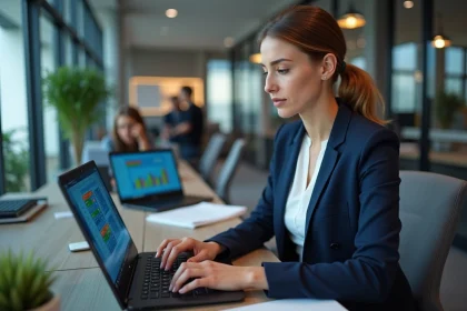 Femme analyste utilisant Excel pour calculer des pourcentages de ventes sur un ordinateur portable en open space