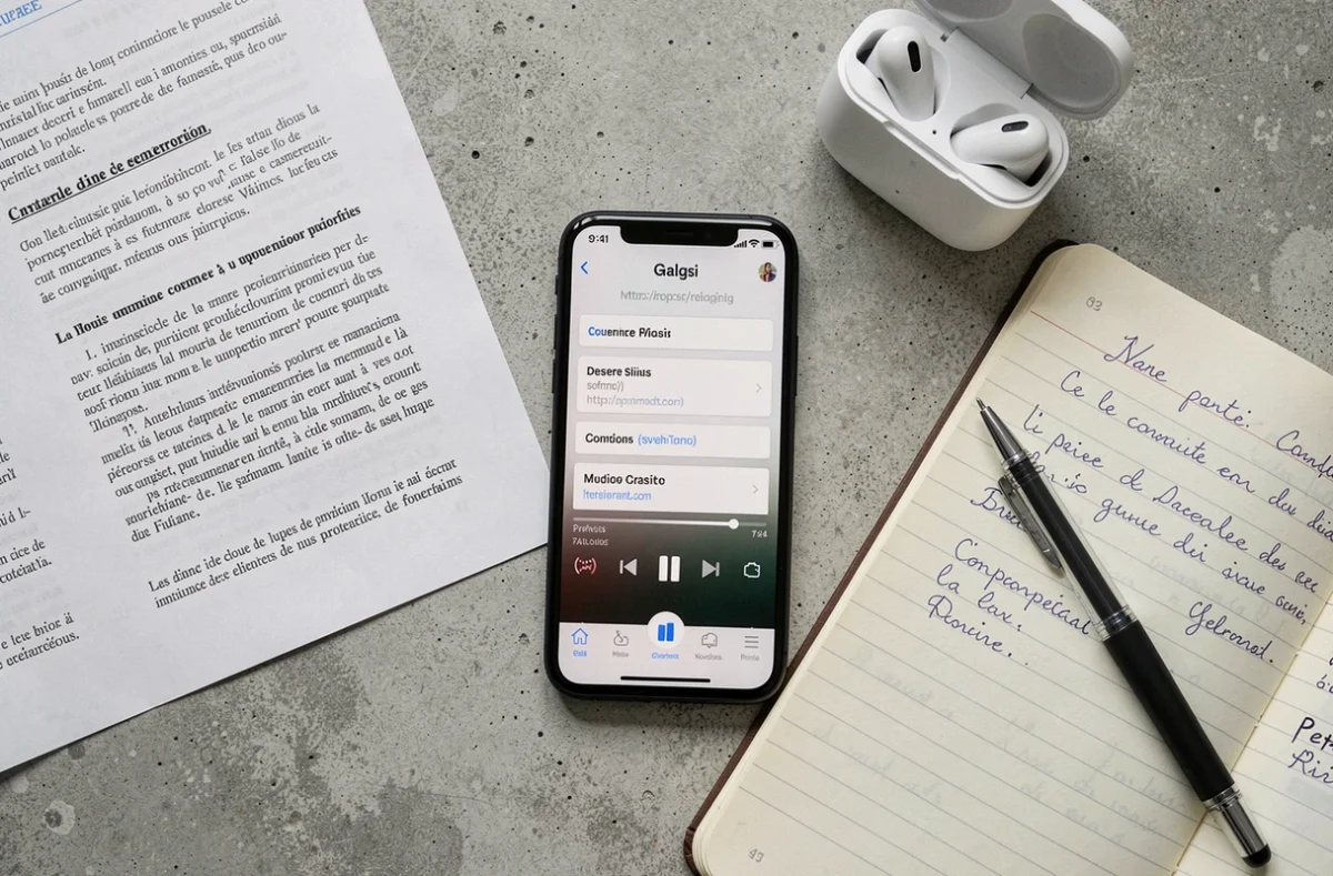 Vue aérienne d'un smartphone avec une application de conversion MP3, entouré de textes juridiques français sur la propriété intellectuelle