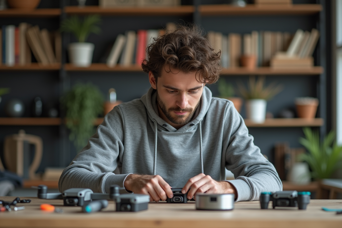 Jeune homme assemble drone dans un atelier moderne