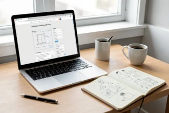 Bureau avec ordinateur affichant la maquette d'un site web et carnet de croquis