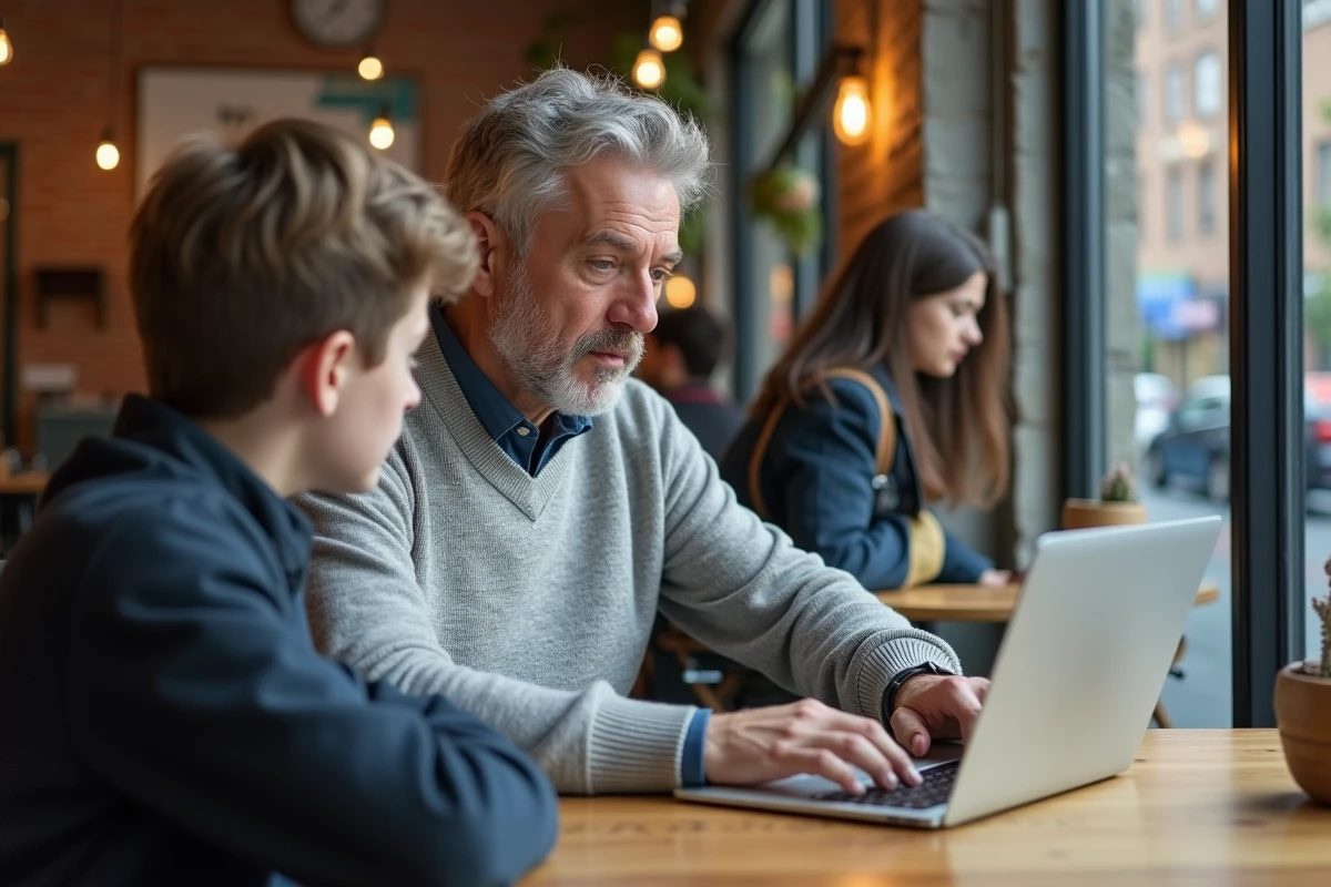 Homme et adolescent montrant la touche Maj au café