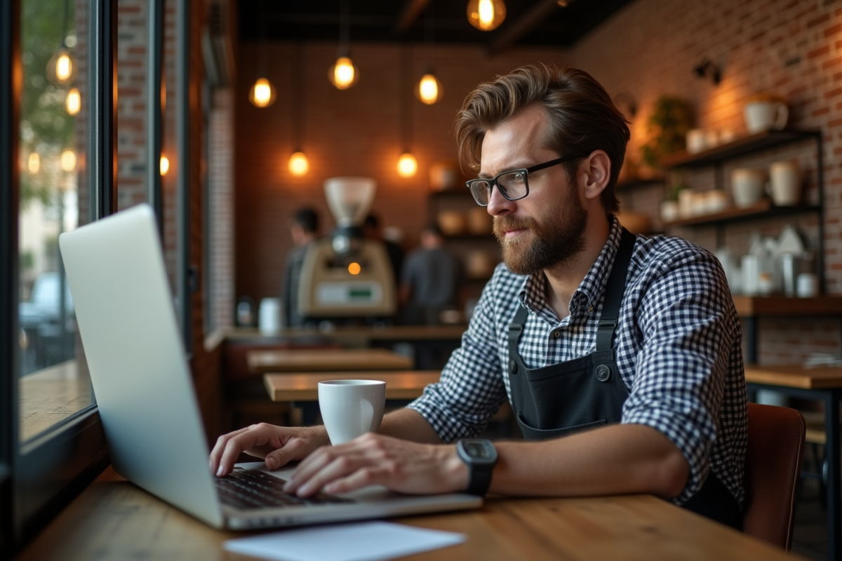 Proprietaire de cafe avec ordinateur et carte digitale