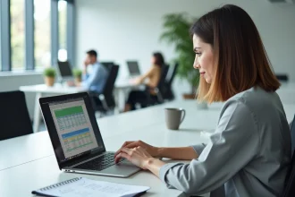 Femme utilisant Excel pour calculer un âge en années et mois dans un bureau moderne