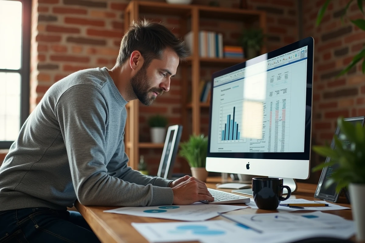 Homme travaillant sur Excel depuis son bureau à domicile avec des rapports de ventes imprimés et des formules de pourcentage affichées