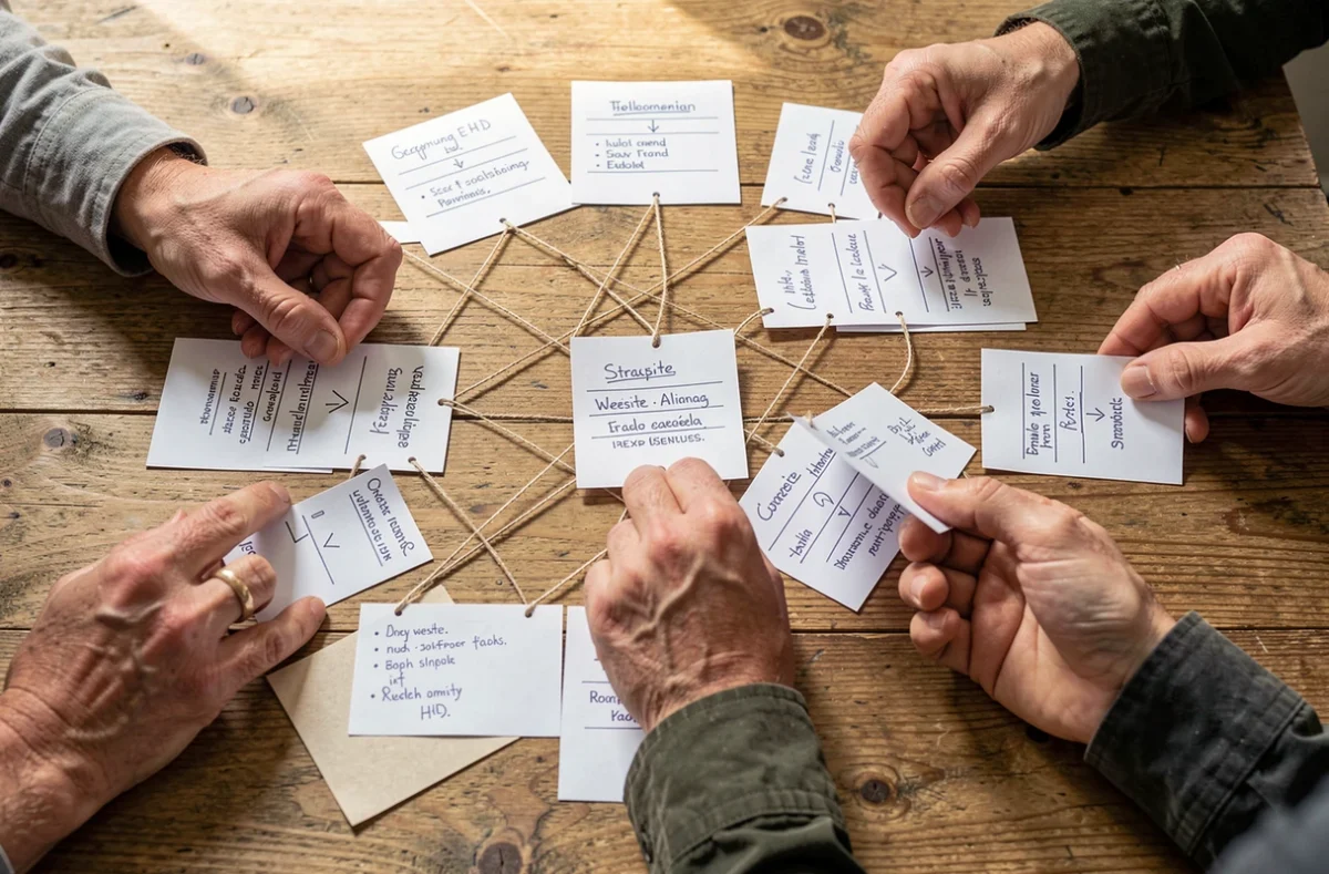 Cartes de pages disposées sur une table pour dessiner l'arborescence d'un site