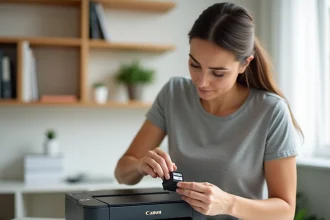 Femme changeant une cartouche d'encre dans une imprimante Canon sur un bureau blanc de bureau à domicile