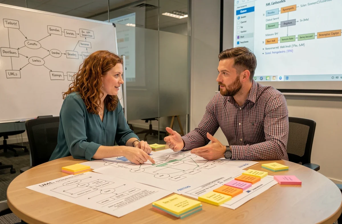 Deux analystes collaborant autour d'un schéma Merise imprimé pour définir les besoins métier et la modélisation relationnelle