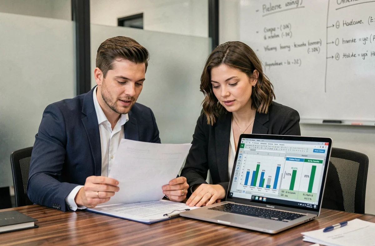 Deux collègues en salle de réunion analysant ensemble un rapport Excel imprimé et numérique pour comparer des augmentations en pourcentage annuelles
