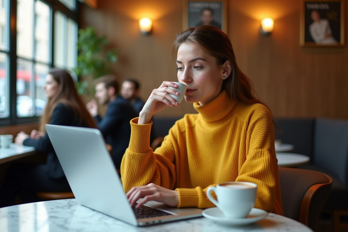 Jeune femme community manager rédigeant un post sur les réseaux sociaux dans un café parisien avec un compteur de caractères visible