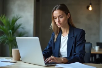 Community manager femme tapant sur un ordinateur portable avec un compteur de caractères affiché à l'écran dans un bureau moderne