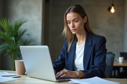 Community manager femme tapant sur un ordinateur portable avec un compteur de caractères affiché à l'écran dans un bureau moderne