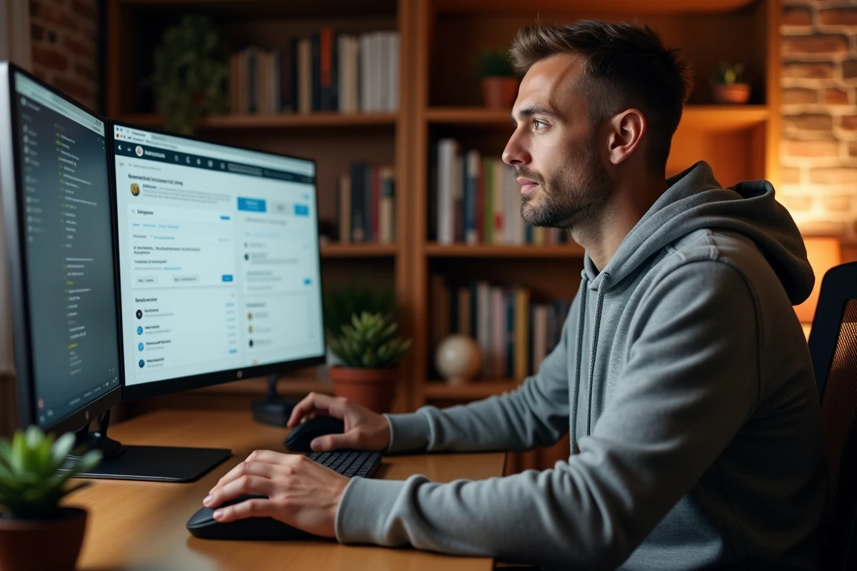 Homme community manager en télétravail utilisant un outil de comptage de caractères sur grand écran dans un bureau à domicile