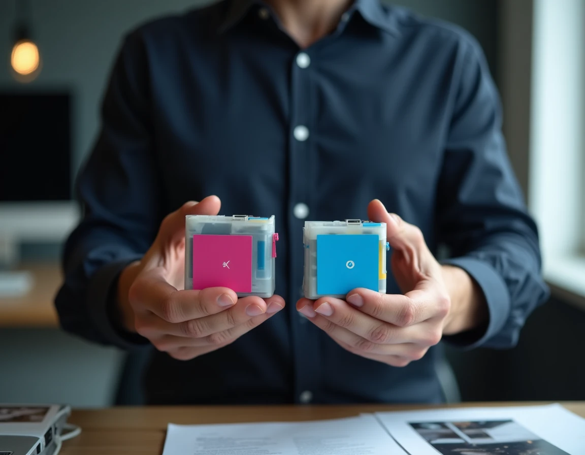 Homme comparant deux cartouches d'encre Canon couleur cyan et magenta avant installation dans l'imprimante