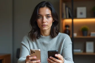 Femme comparant un iPhone 12 et un iPhone 13 côte à côte dans un bureau moderne minimaliste