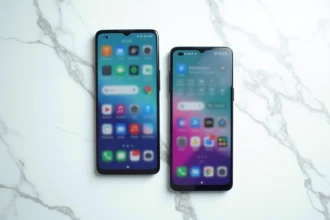 Comparaison côte à côte du Google Pixel 8 Pro et du Pixel 8 posés sur marbre blanc, vue de dessus