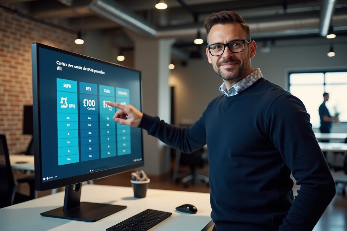 Entrepreneur comparant les prix d'entrée et les abonnements d'une plateforme IA marketing en co-working