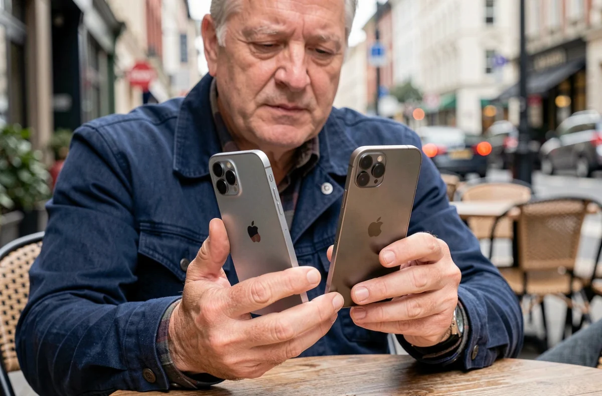 Homme comparant la taille d'un iPhone 12 avec un autre smartphone dans un café, montrant les différences de dimensions