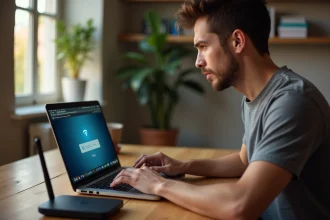 Homme configurant sa box internet depuis l'interface admin 192.168.1.1 sur un ordinateur portable à son bureau à domicile