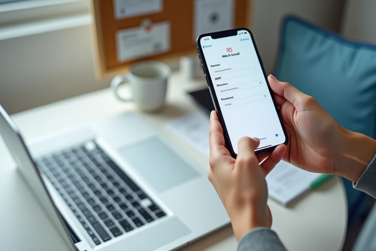 Écran de configuration IMAP du webmail INSA Rouen affiché sur un smartphone posé sur un bureau étudiant