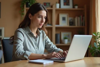 Femme configurant la redirection d'emails sur un ordinateur portable dans un bureau à domicile