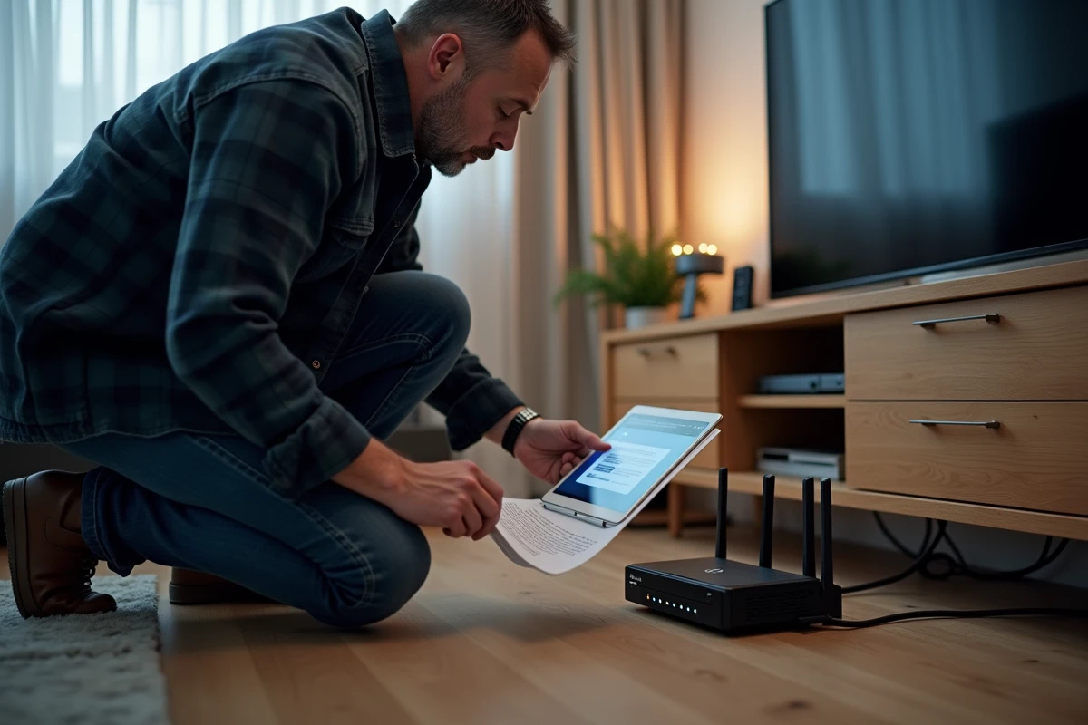 Homme inspectant un routeur fibre optique et configurant l'interface admin 192.168.1.1 sur une tablette dans un salon
