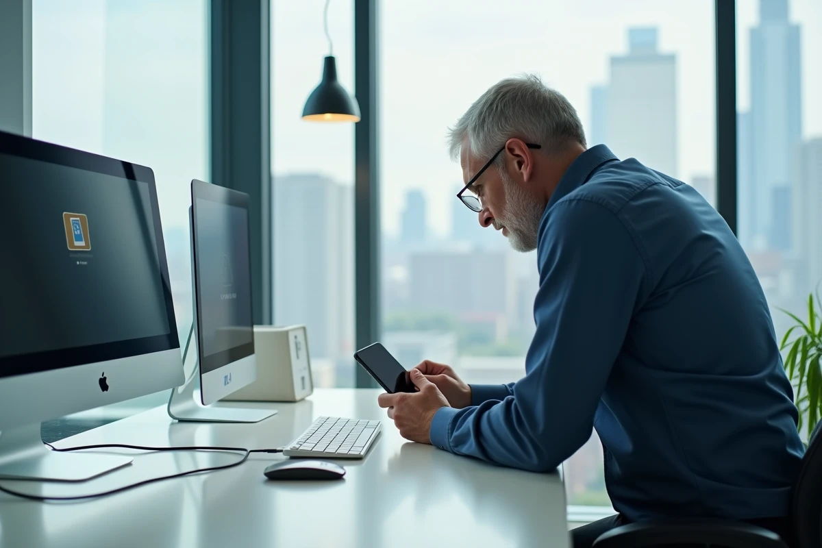 Homme connectant son téléphone à un ordinateur via câble USB pour récupérer des fichiers supprimés depuis la corbeille du smartphone