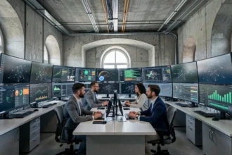 Centre opérationnel de cybersécurité en Normandie avec des consultants travaillant sur des tableaux de bord de surveillance réseau