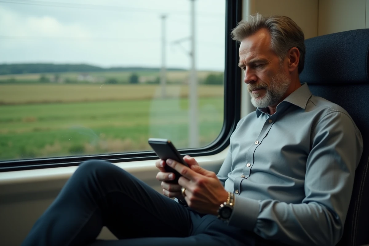 Homme consultant ses emails professionnels sur smartphone dans un train lors d'un déplacement professionnel