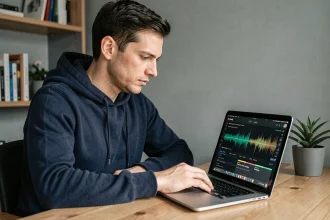 Homme utilisant un ordinateur portable pour convertir de la musique YouTube en MP3, illustration de la question légale en France