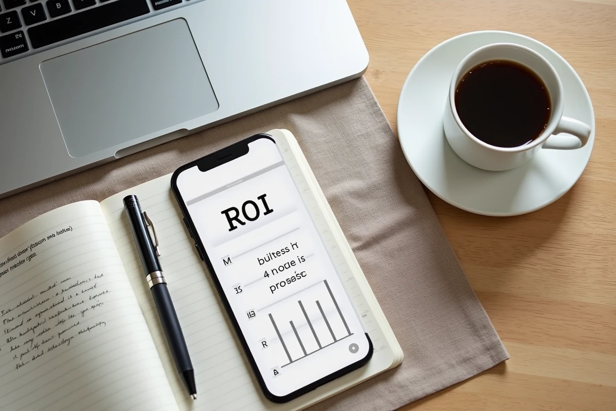Vue de dessus d'un bureau avec smartphone affichant des métriques de rentabilité IA et notes manuscrites sur les coûts cachés