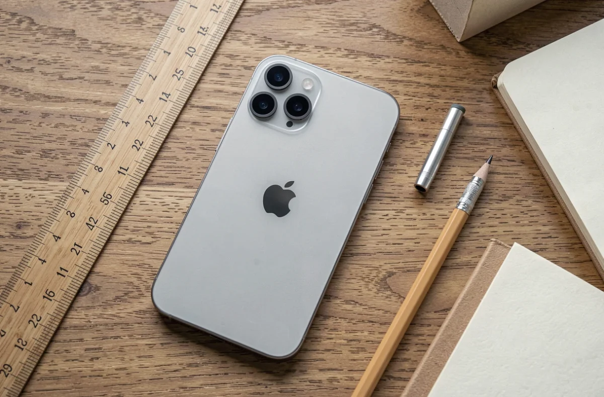 iPhone 12 posé sur un bureau en bois avec une règle illustrant ses dimensions exactes en centimètres