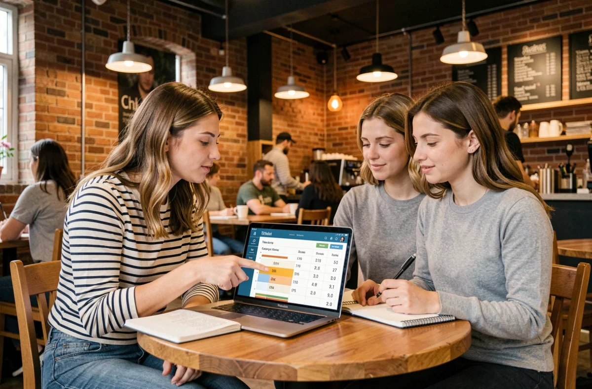 Deux femmes discutant d'une stratégie de progression de rang dans un jeu compétitif autour d'un ordinateur portable dans un café