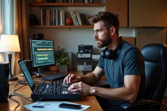 DJ amateur préparant son set à domicile avec un contrôleur DJ et un laptop affichant un logiciel audio