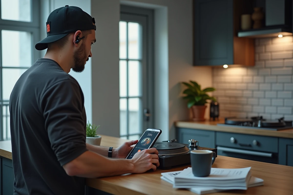 DJ amateur consultant une application de téléchargement MP3 sur smartphone dans sa cuisine avec des platines visibles en arrière-plan